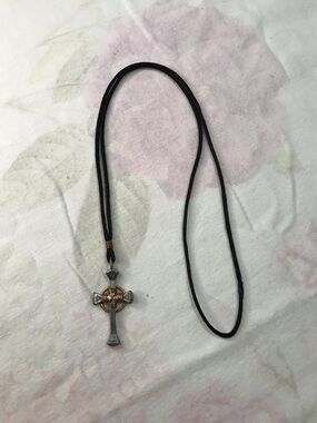 Black Cord Silver Tone Nail Cross Copper Tone Necklace 26”